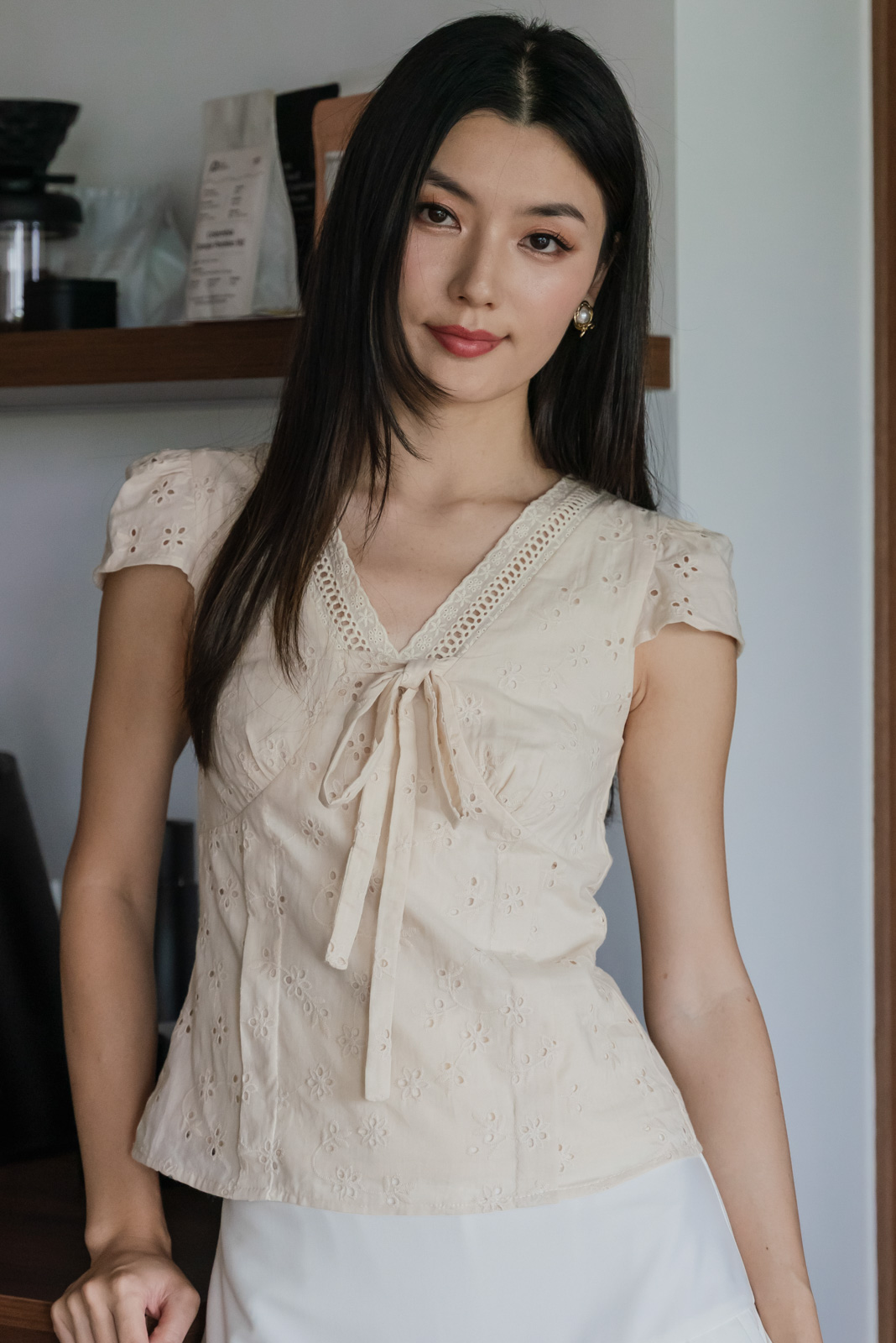 Mimi Eyelet Ribbon Top In Cream