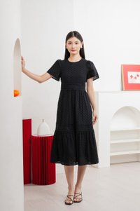 Splendor Eyelet Lace Midi Dress In Black