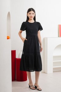 Splendor Eyelet Lace Midi Dress In Black