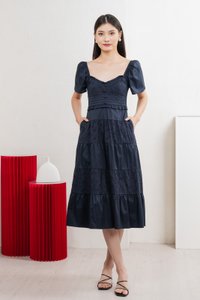 Perla Pintuck Eyelet Maxi Dress In Navy