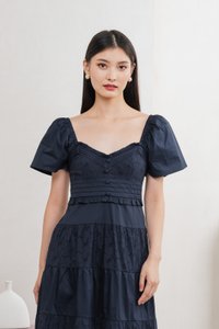 Perla Pintuck Eyelet Maxi Dress In Navy