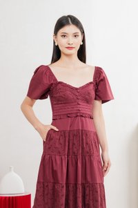 Perla Pintuck Eyelet Maxi Dress In Wine