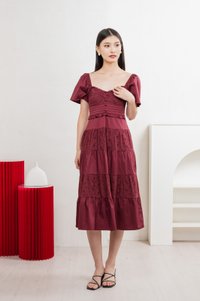 Perla Pintuck Eyelet Maxi Dress In Wine