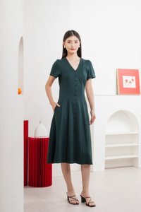 Lucien Buttons Midi Dress In Deep Emerald