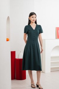 Lucien Buttons Midi Dress In Deep Emerald