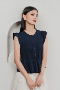 Bronwyn Buttons Pintuck Top In Navy