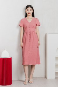 Wish Textured Buttons Midi Dress In Rose Pink