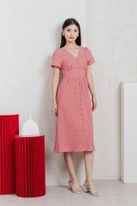 Wish Textured Buttons Midi Dress In Rose Pink