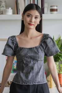 Prosper Denim Panelled Top In Stone