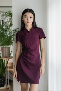Festiva Side Ruched Cheongsam Dress In Plum