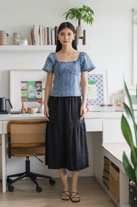 Prosper Denim Panelled Top In Denim Blue