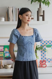 Prosper Denim Panelled Top In Denim Blue