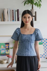Prosper Denim Panelled Top In Denim Blue