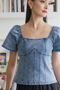 Prosper Denim Panelled Top In Denim Blue