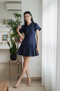 Allure Embossed Cheongsam Dress In Navy