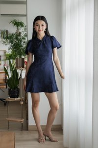 Allure Embossed Cheongsam Dress In Navy