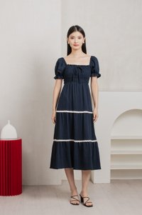 Mary Smocked Cottagecore Midi Dress In Navy
