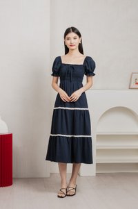 Mary Smocked Cottagecore Midi Dress In Navy