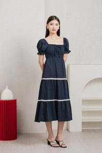 Mary Smocked Cottagecore Midi Dress In Navy