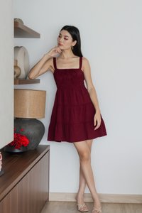 Sunrise Smocked Waist Tiered Dress In Wine