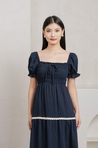 Mary Smocked Cottagecore Midi Dress In Navy