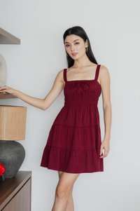 Sunrise Smocked Waist Tiered Dress In Wine