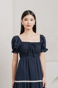 Mary Smocked Cottagecore Midi Dress In Navy