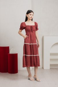 Mary Smocked Cottagecore Midi Dress In Rust