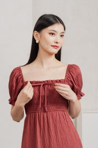 Mary Smocked Cottagecore Midi Dress In Rust