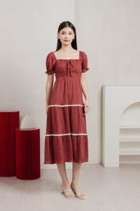 Mary Smocked Cottagecore Midi Dress In Rust