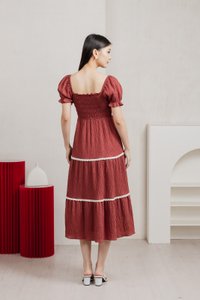 Mary Smocked Cottagecore Midi Dress In Rust