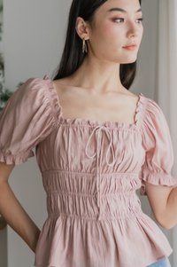 Hope Ruched Ribbon Top In Dusty Pink