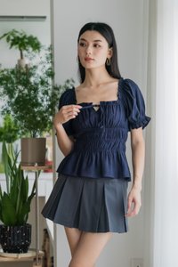 Hope Ruched Ribbon Top In Navy