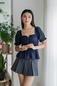 Hope Ruched Ribbon Top In Navy