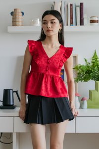 Ruby Embossed Ruffle Sleeves Top In Red