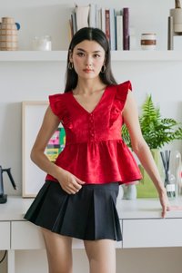 Ruby Embossed Ruffle Sleeves Top In Red