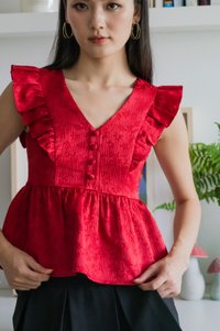 Ruby Embossed Ruffle Sleeves Top In Red