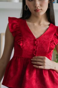 Ruby Embossed Ruffle Sleeves Top In Red
