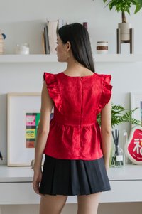 Ruby Embossed Ruffle Sleeves Top In Red