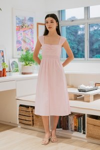 Sophie Swissdot Smocked Waist Midi Dress In Pink