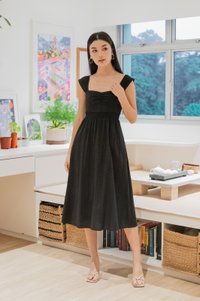 Sophie Swissdot Smocked Waist Midi Dress In Black