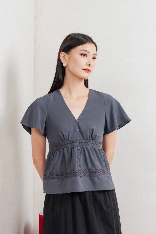 Moonlace Buttons Babydoll Top In Gunmetal