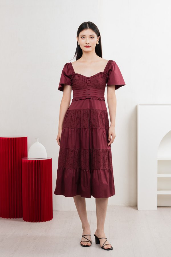 Perla Pintuck Eyelet Maxi Dress In Wine