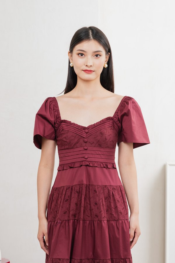 Perla Pintuck Eyelet Maxi Dress In Wine