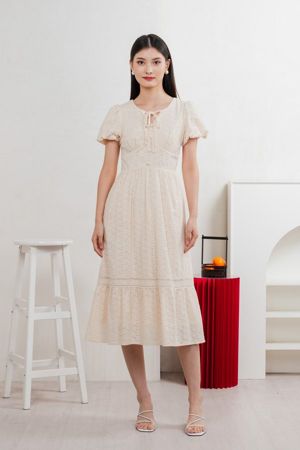 Kind Eyelet Cottagecore Midi Dress In Cream