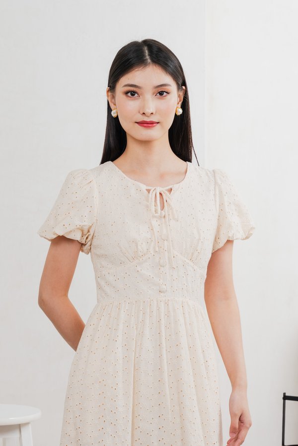 Kind Eyelet Cottagecore Midi Dress In Cream