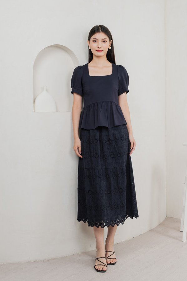 Demure Cotton Babydoll Top In Navy