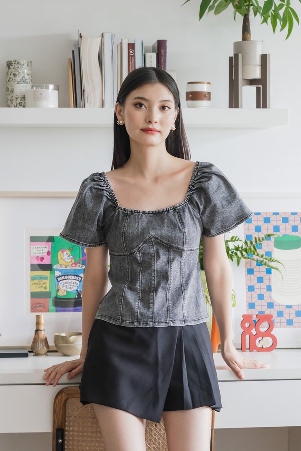 Prosper Denim Panelled Top In Stone