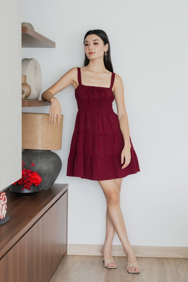 Sunrise Smocked Waist Tiered Dress In Wine