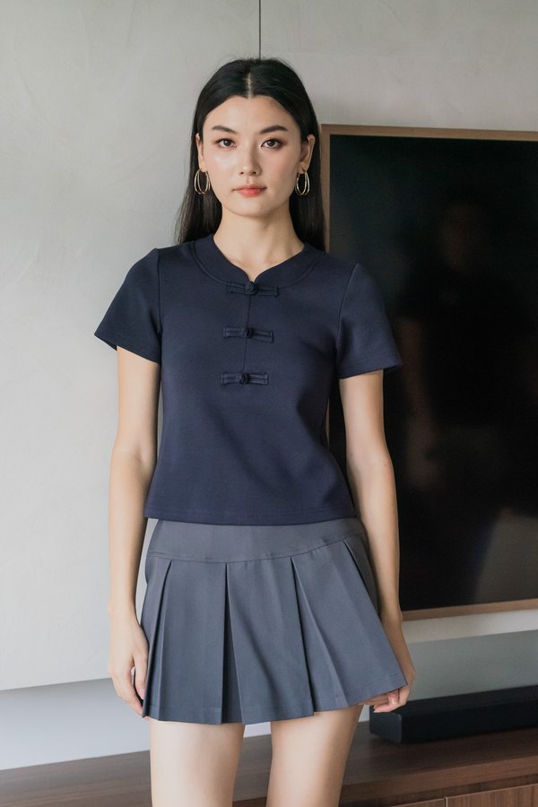 Jade Cotton Qipao Top In Navy